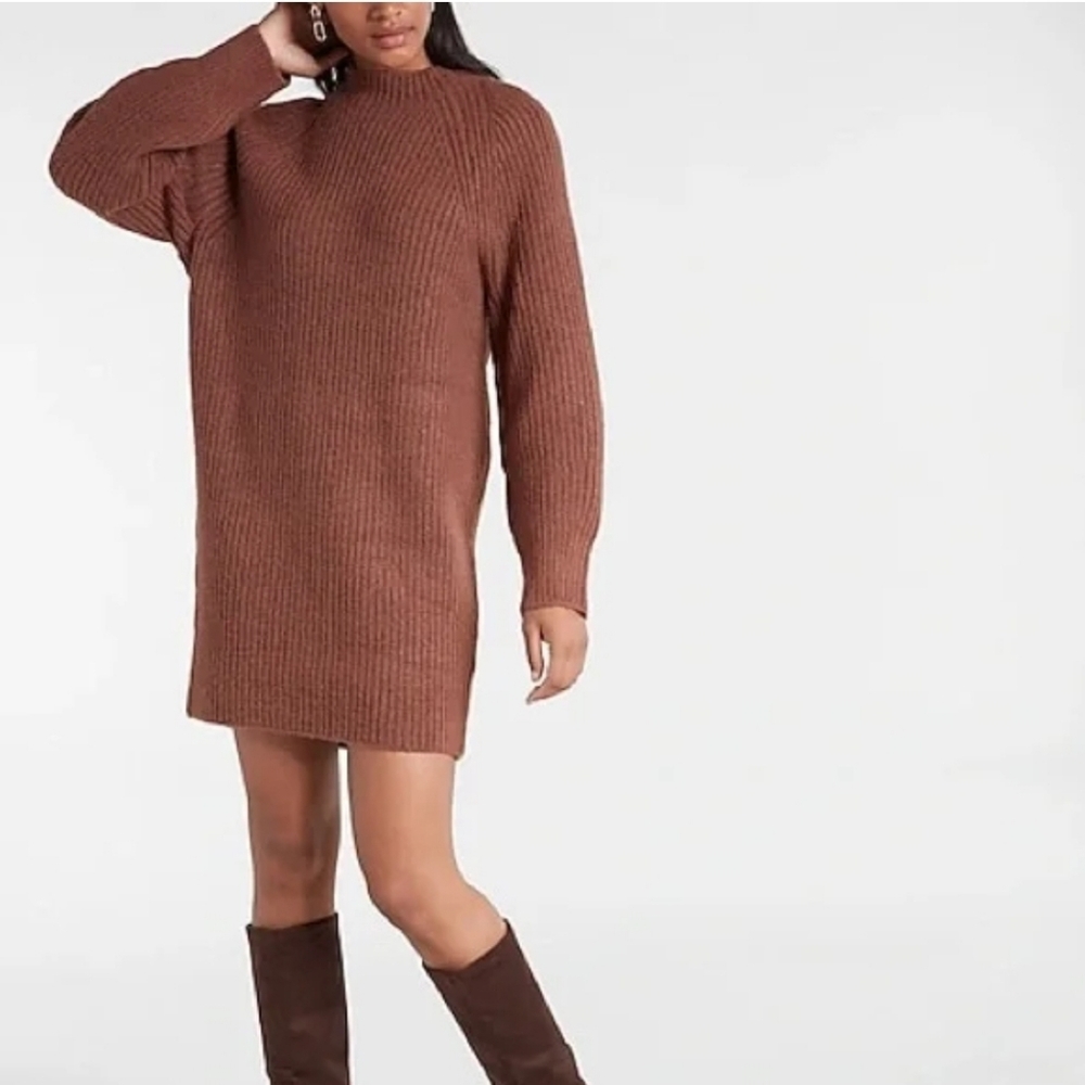 Express Chocolate NWT Raglan Long Sleeve Rib-Knit Sweater Dress Size Medium Mini